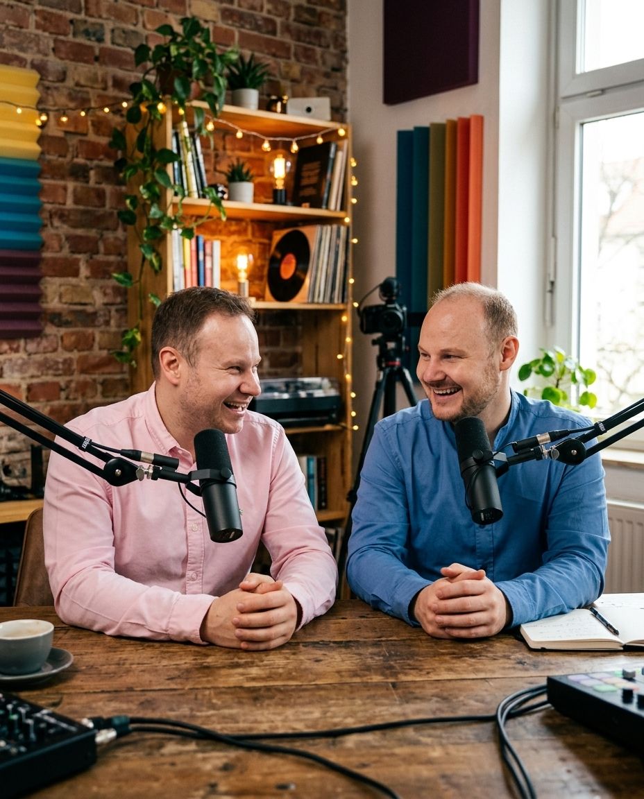 Georg und Bernhard lachen sich am Podcast-Tisch an